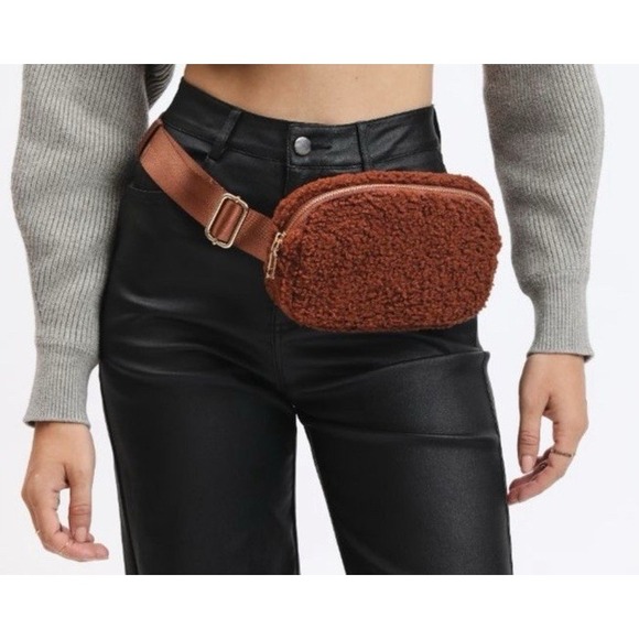 Urban Expressions Handbags - Urban Expressions Fuzzy Belt Bag Tan Santi Crossbody Unisex Fanny Pack NEW